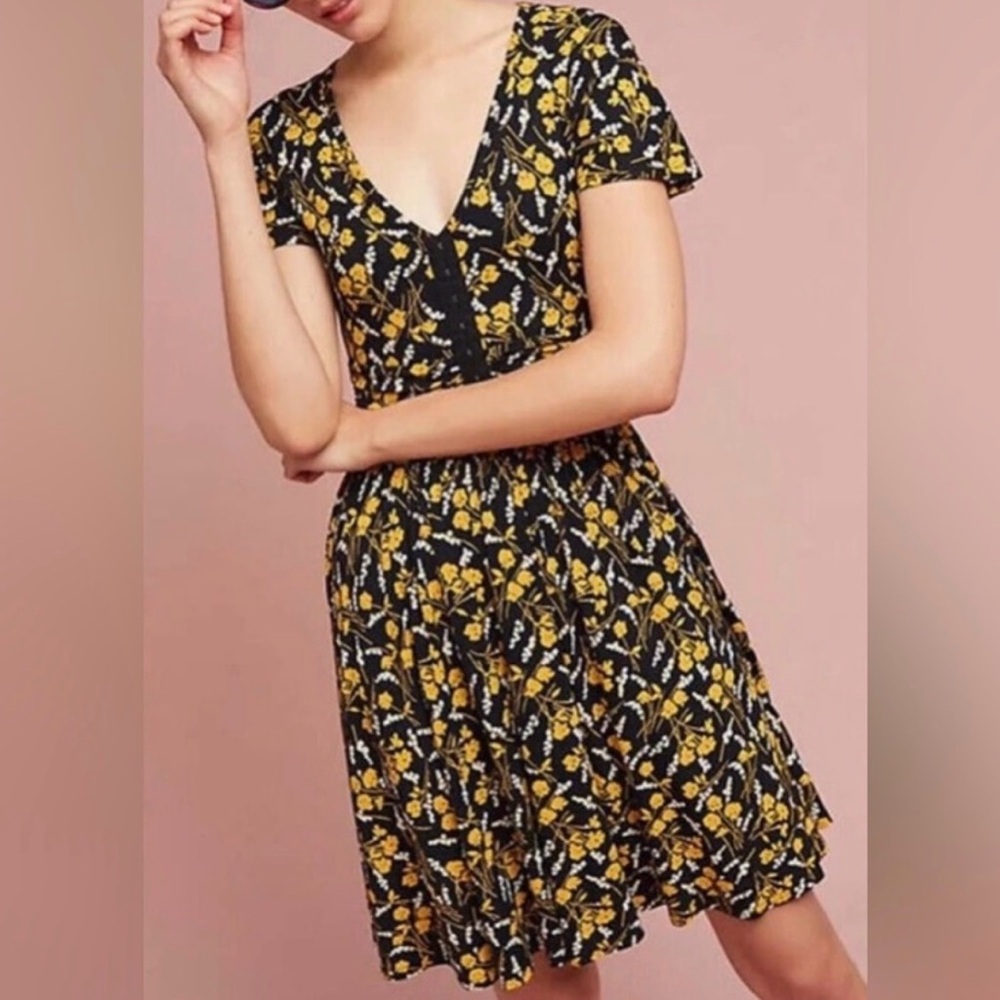 Yellow and Black Maeve Anthropologie Floral Mini Dress - Picture 1 of 7